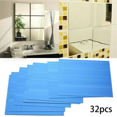 32x 15cm Mirror Tile Wall Sticker Square Self Adhesive Room-Decor Stick On Art